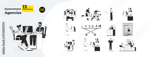 Government services and legal system outline illustrations mega bundle. Police witness, ambulance paramedics, court jury, postal 2D linear images isolated. Collection black and white vector drawings