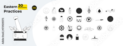 Eastern practices and spiritual symbols outline illustrations mega bundle. Chakras, herbal remedies, essential oils, meditation 2D linear images isolated. Collection black and white vector drawings