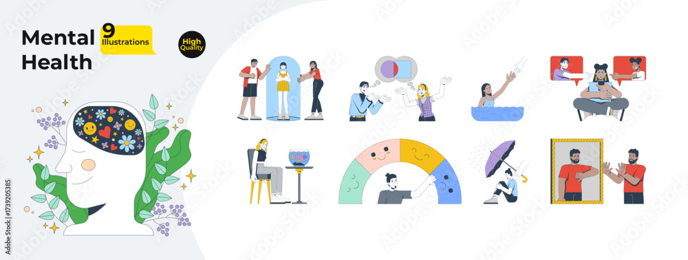 Fototapeta premium Mental health and emotional awareness cartoon flat illustrations mega bundle. Setting boundaries, cyber bullying. Psychology EQ 2D images isolated on white. Collection vector drawings colorful