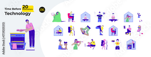 Diverse people enjoying offline hobbies cartoon flat illustrations mega bundle. Analog pastimes. Lifestyle before digital technology 2D images isolated on white. Collection vector drawings colorful