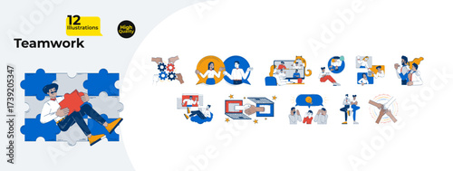 Business teamwork and online collaboration doodle cartoon illustrations mega bundle. Office team cooperation. Diverse remote workers 2D doodleart hand-drawn. Collection vector drawings colorful