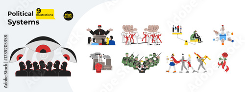 Political systems and authority cartoon flat illustrations mega bundle. Election, military regime, propaganda, monarchy, socialism 2D images isolated on white. Collection vector drawings colorful