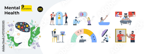 Mental health and emotional awareness cartoon flat illustrations mega bundle. Setting boundaries, cyber bullying. Psychology EQ 2D images isolated on white. Collection vector drawings colorful