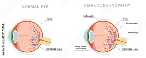 Normal eye and one affected by diabetic retinopathy. Medical science educational flat vector illustration.