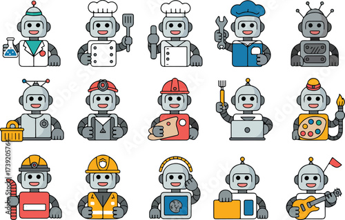 Cute robots in different professions and roles representing various occupations and careers