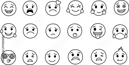 Collection of outline emoji icons displaying various expressions, emotions, and moods in a modern, minimalist style for digital communication.