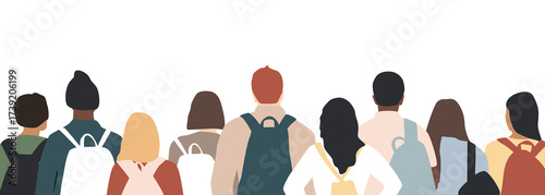 Different people with backpacks. Back view background.