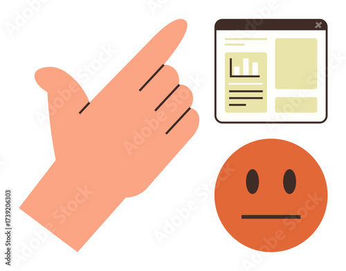 Hand pointing to webpage layout, neutral face suggesting evaluation, interaction, and user experience. Ideal for UX design, feedback, emotion, online interaction, web interfaces communication