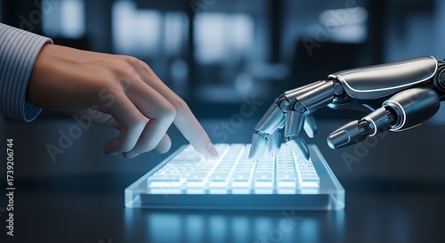 The hands of a human and a robot working together typing, illustrating the relationship and technology between man and machine.