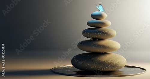 Zen stones stacked in balance for peace and relaxation, butterfly on top