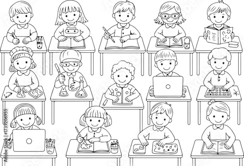 Diverse group of children engaging in various educational activities in a classroom setting