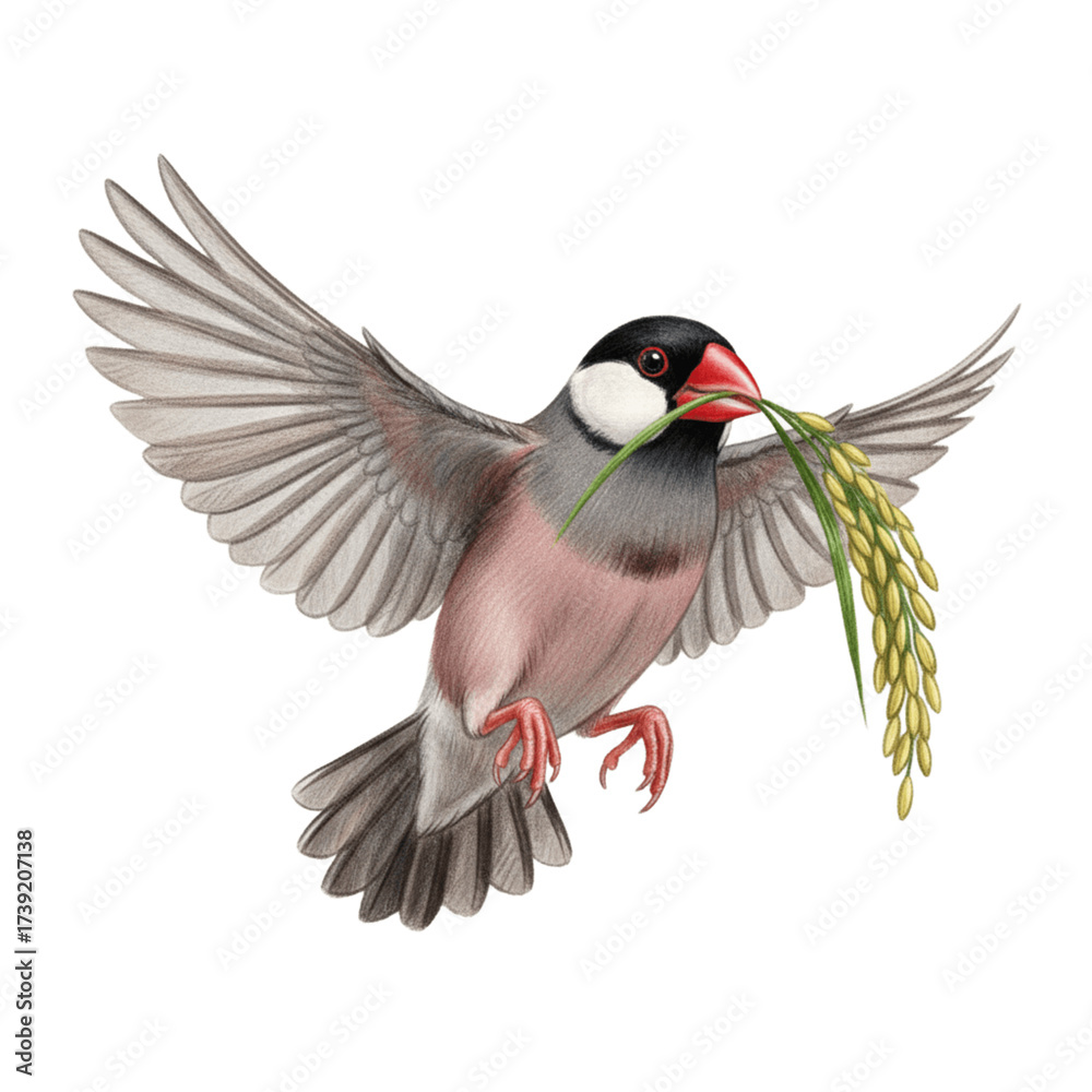 Obraz premium Java Sparrow carrying rice stalk in flight art