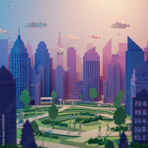 Paper city park with skyscrapers, trees, and walking silhouettes.