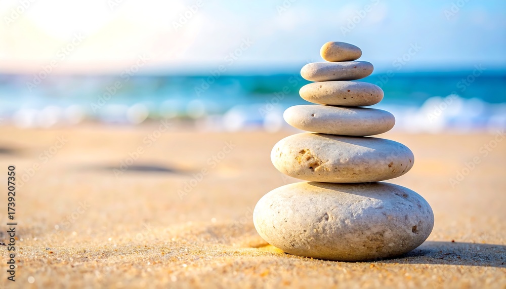 Fototapeta premium Stack of balanced stones on beach, blurred ocean and sky in the background
