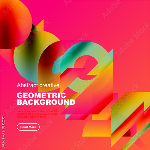 Bright geometric shapes overlap, creating vibrant abstract background. Bold text promotes content, inviting exploration.