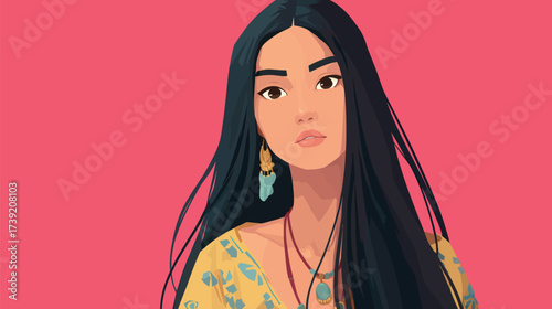 A young woman stands with a confident expression, showcasing her long dark hair and colorful attire. Her accessories reflect her unique style.