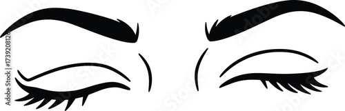 Elegant eyes with long lashes and defined eyebrows in a minimalist black and white vector graphic for beauty and fashion designs.
