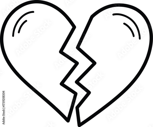 A broken heart illustration in black outline showcases heartbreak, loss, and emotional distress with a simple, minimalist design.