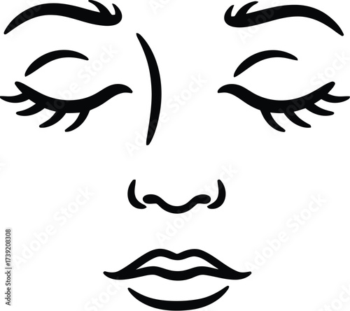 Minimalist face illustration with closed eyes, eyelashes, nose, and lips, perfect for beauty, fashion, or relaxation themes.