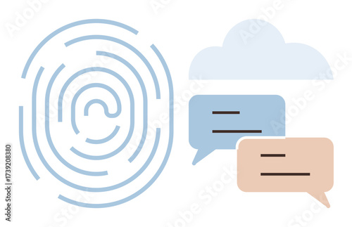 Fingerprint pattern, speech bubbles, and cloud icon represent data authentication, secure communication, and cloud integration. Ideal for cybersecurity, privacy, biometrics, cloud tech networking