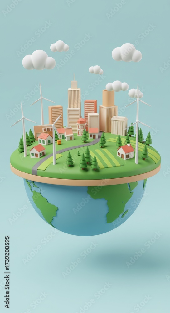 Obraz premium Earth globe with city, houses, wind turbines and clouds. 3d render.