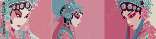 Three graceful figures embody the beauty of Chinese opera, featuring vibrant makeup, stunning headpieces, and intricate costumes against a soft pink background.