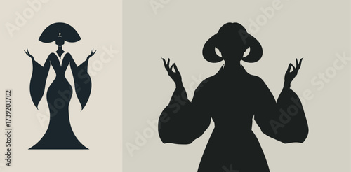 Two striking silhouettes feature graceful poses, highlighting a traditional dancer on the left and a serene figure meditating on the right, emphasizing elegance.
