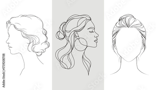Three elegant line drawings present different hairstyles for women, featuring a bun, flowing locks, and an updo style, set against a light background.