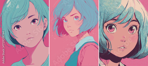 Three artistic portraits feature a girl with turquoise hair and different expressions against a bright pink background, showcasing her character and style.