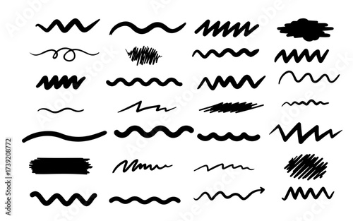 Hand Drawn Doodle Underline and Highlighter Brush Strokes Set. Vector Collection of Black Scribbles, Swirls, Wavy Lines, and Zigzag Shapes. Sketch Elements for Annotation, emphasis, and Text Decoratio