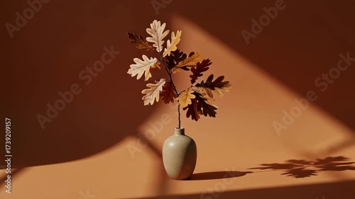 Minimalist autumn decor with oak branches in vase, perfect for seasonal design