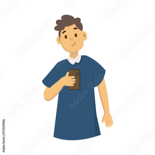 Flat style illustration of a boy holding a smartphone and smiling. Modern teenager character using mobile phone for communication, apps and internet. Perfect for social media, digital lifestyle.