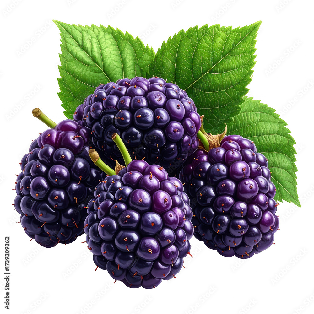 Fototapeta premium Group of ripe, juicy dark purple berries with green leaves arranged against a solid black background, showcasing the vibrant colors and textures of nature's bounty in a -style shot.