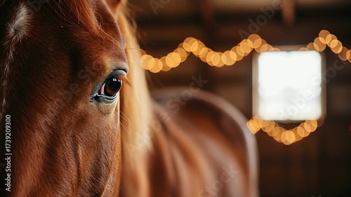 A close-up of a brown horse in a barn with warm, glowing lights in the background. The horse has a shiny coat and a calm expression, symbolizing new beginnings.