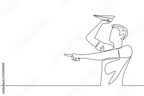 Single one line drawing a man in casual clothes stands and holds a paper airplane. Repeating childhood hobbies. Creativity. National Paper Airplane Day. Continuous line design graphic illustration