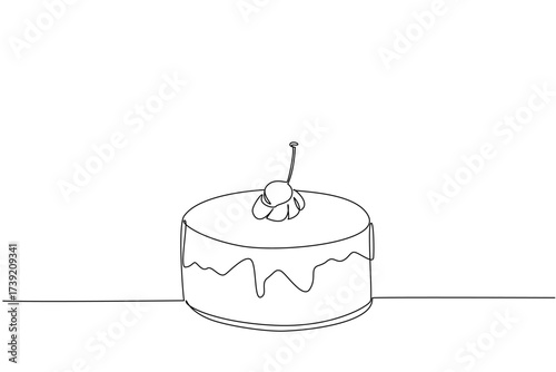 Single one line drawing round cake covered in chocolate with cherry topping. Simple topping but extraordinary taste. Tasty. National Cherry Dessert Day. Continuous line design graphic illustration