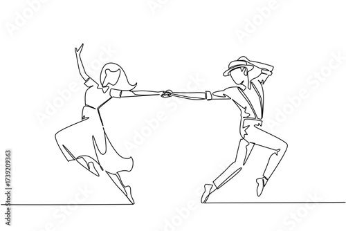 Continuous one line drawing man and woman in retro vintage clothes dancing lindy hop and holding hands. Performance full of dedication. World Lindy Hop Day. Single line draw design vector illustration