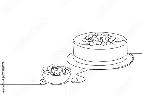 Single continuous line drawing round cheese cake with blueberry topping and small bowl filled with blueberries. Very tasty. National Blueberry Cheesecake Day. One line design vector illustration
