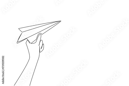 Single one line drawing hand holding paper airplane. Sharpen creativity. Symbols of happiness do not have to be expensive toys. National Paper Airplane Day. Continuous line design graphic illustration