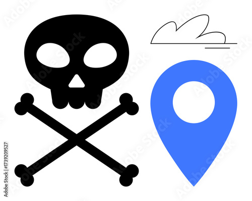 Skull and crossbones alongside a blue location pin and minimal cloud element. Ideal for themes thumbs up danger, risk, piracy, warning, location-based issues, death, threat. Simple flat metaphor