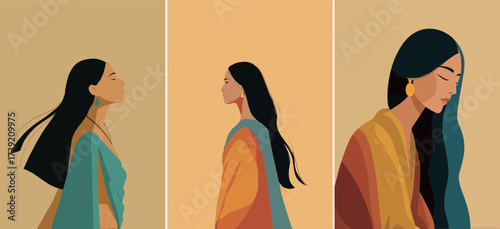 Three women display graceful movements in traditional attire with flowing hair against a warm background. Each pose captures different emotions and cultural beauty.