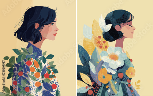 Two women are depicted in profile, each adorned with vibrant floral patterns representing natures beauty. The artwork highlights their elegant features and artistic expression.