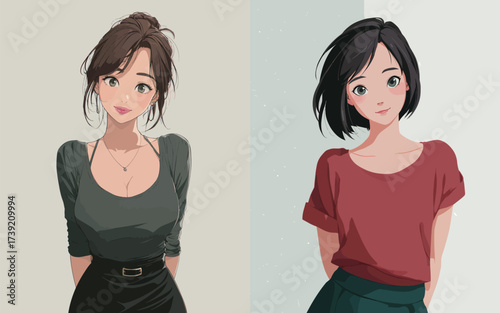 This illustration features two women with distinct hairstyles and outfits. One woman has long hair and wears a fitted top, while the other has a short bob and a casual shirt.