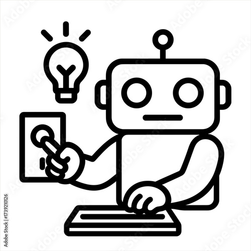 Line art illustration of robot turning on light switch with bulb