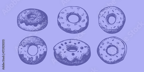 Hand drawn vintage sketch set of donuts with glaze and toppings in retro monochrome line style.
