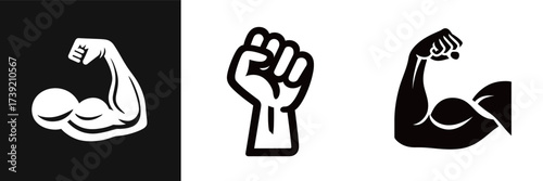 Three distinct symbols represent strength and empowerment through muscular arms and fists, showcasing a modern graphic style against contrasting backgrounds.