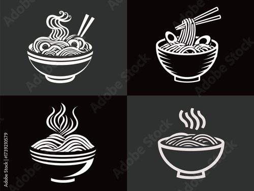 Four unique illustrations display various noodle bowl designs, highlighting the steamed noodles and chopsticks. Each bowl reflects a distinct cultural approach to serving noodles.