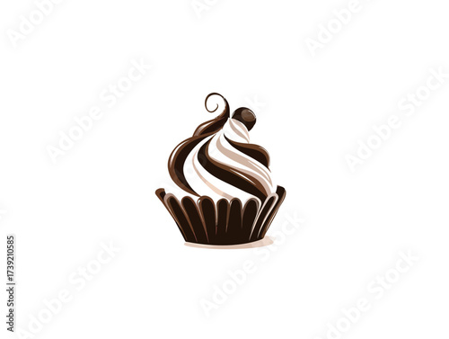 A beautifully crafted chocolate cupcake features rich chocolate and creamy white frosting swirls on top. It looks inviting and delicious, perfect for dessert lovers.