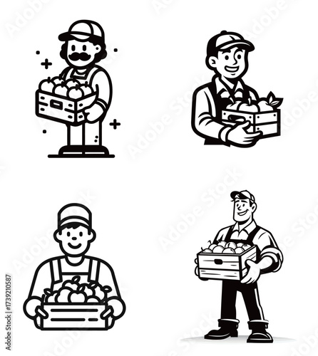 Four cartoon-style illustrations show farmers happily holding boxes of fresh fruits and vegetables. Each character has a cheerful expression, promoting farm work and harvest.