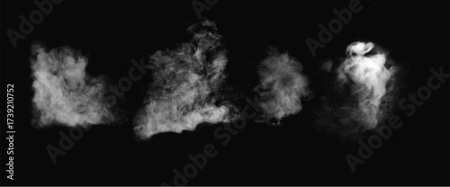 Light flowing smoke isolated on black background. Clouds on dark backdrop. Exploding white powder. Wide realistic illustration	
